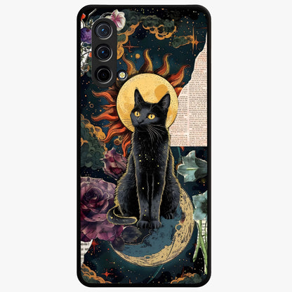 Celestial Black Cat Glass Case showing flat back view with mystical black cat artwork and glossy glass finish.
