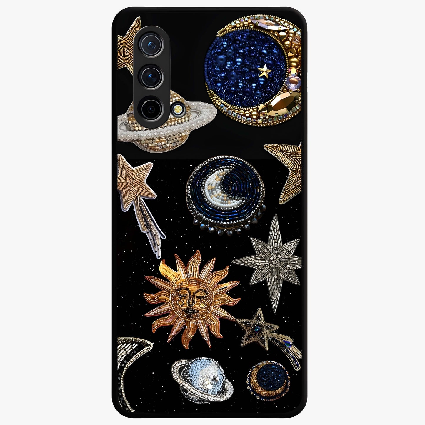 Celestial Gem Constellations Glass Case showing flat back view with sparkling constellation artwork and glossy glass finish.