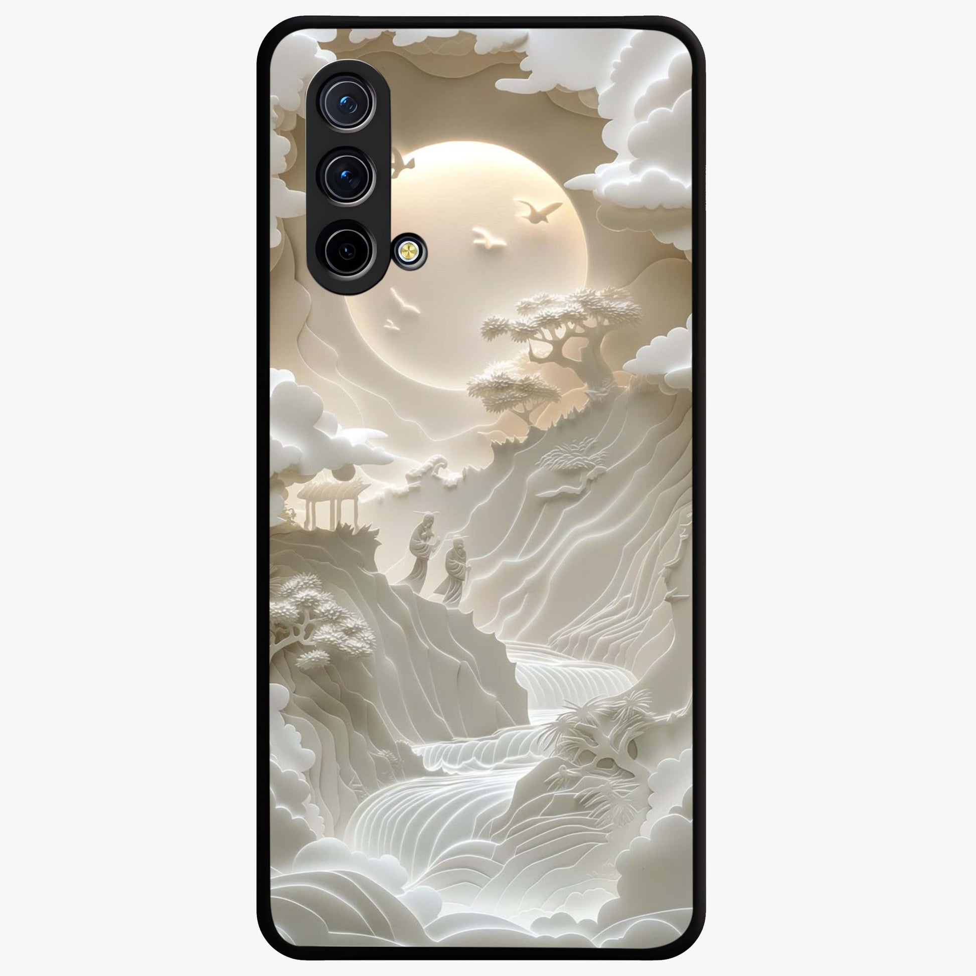 Celestial Origami Glass Case showing flat back view with artistic origami inspired celestial artwork and glossy glass finish.