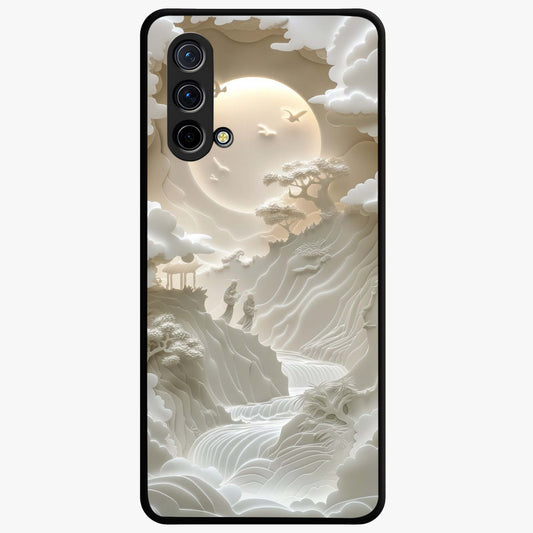 Celestial Origami Glass Case showing flat back view with artistic origami inspired celestial artwork and glossy glass finish.