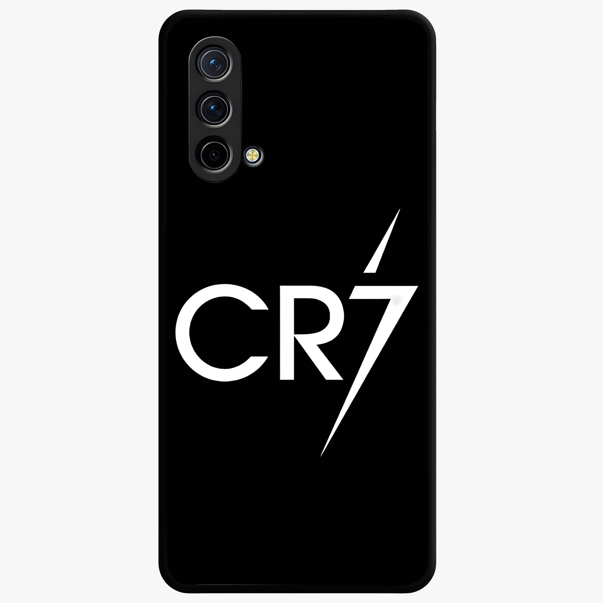 Cr7 Elite Strike Glass Case showing flat back view with dynamic football inspired artwork and glossy glass finish.