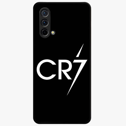 Cr7 Elite Strike Glass Case showing flat back view with dynamic football inspired artwork and glossy glass finish.