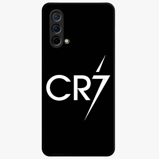 Cr7 Elite Strike Glass Case showing flat back view with dynamic football inspired artwork and glossy glass finish.