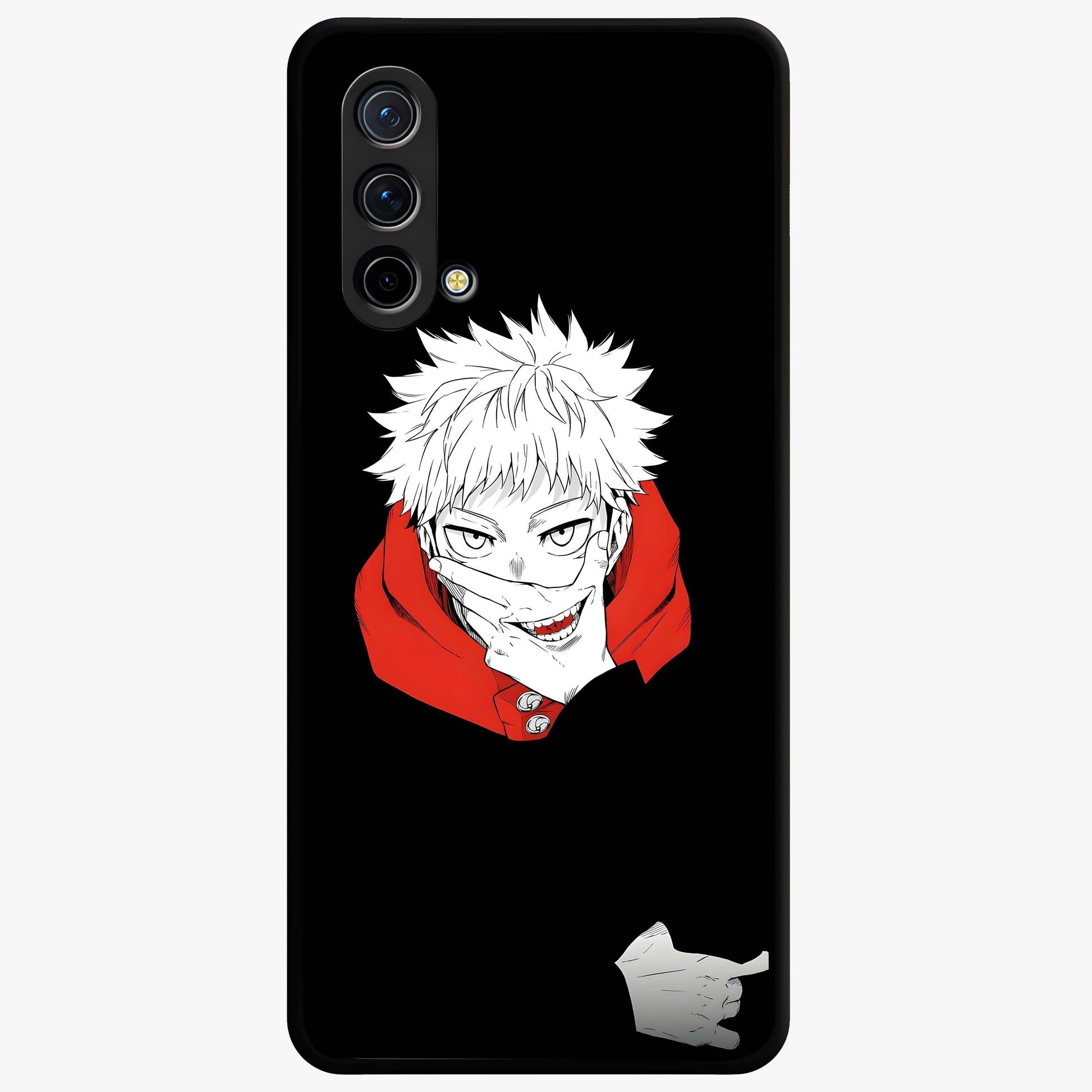 Crimson Chaos Smile Glass Case showing flat back view with bold chaotic smile artwork and glossy glass finish.
