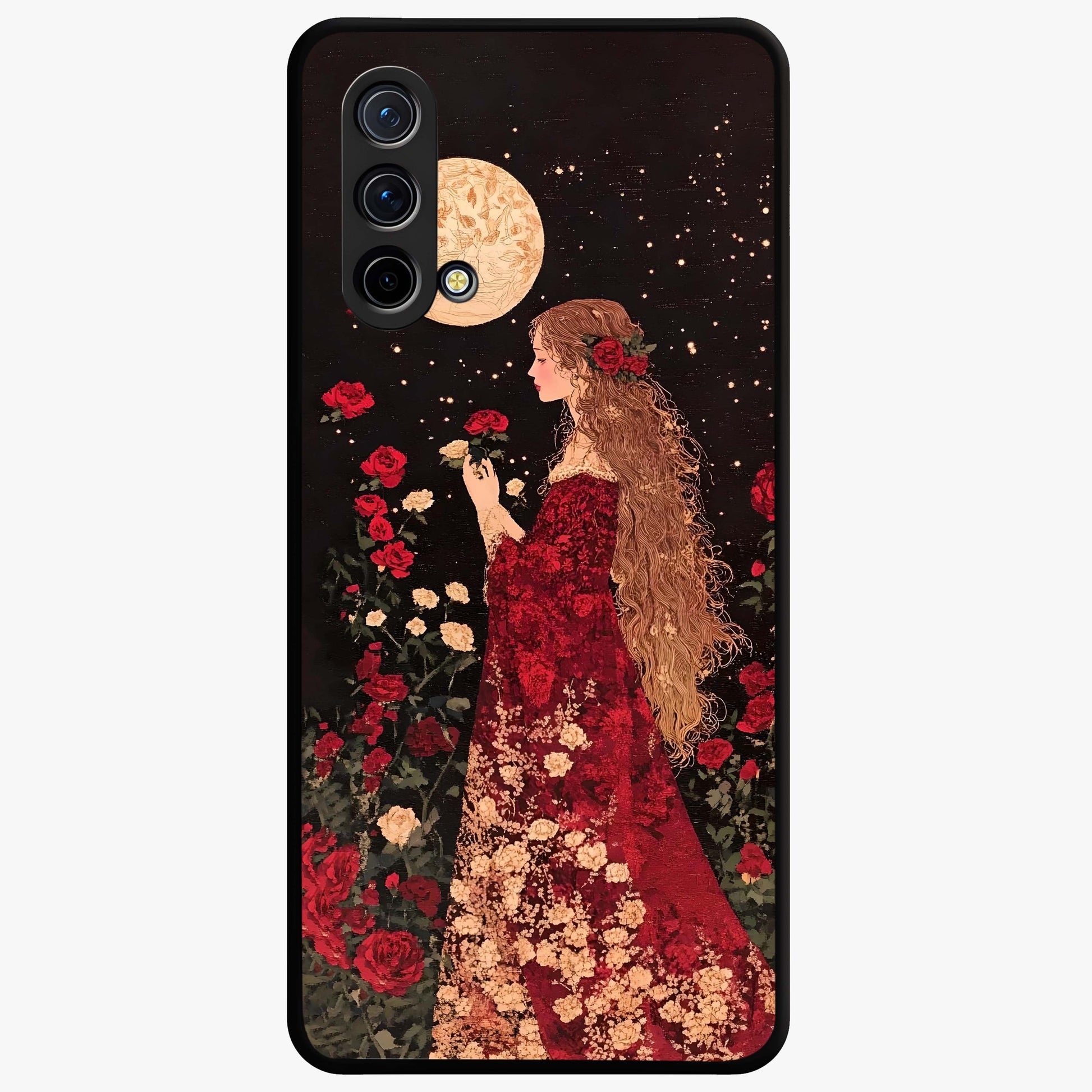Crimson Dreams Glass Case showing flat back view with dreamy crimson artwork and glossy glass finish.
