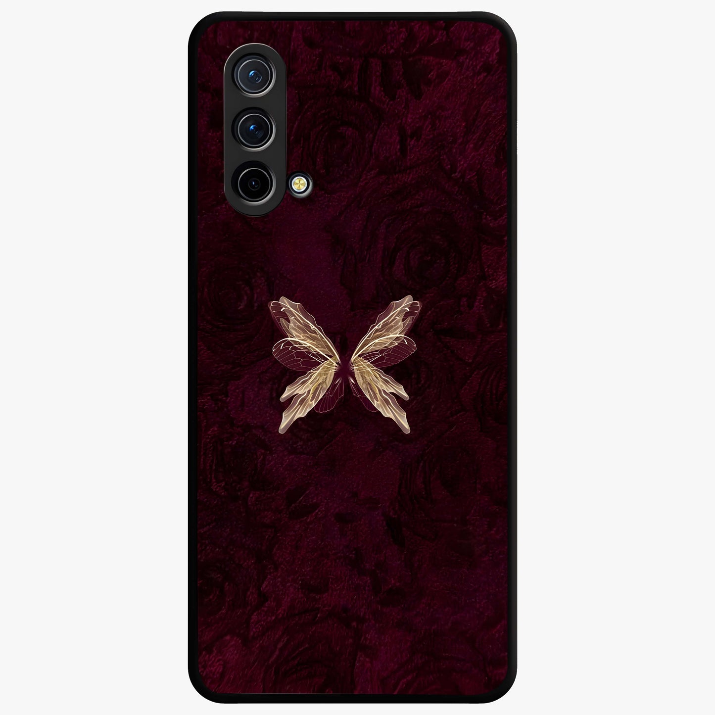 Crimson Fade Butterfly Glass Case showing flat back view with fading butterfly artwork and glossy glass finish.