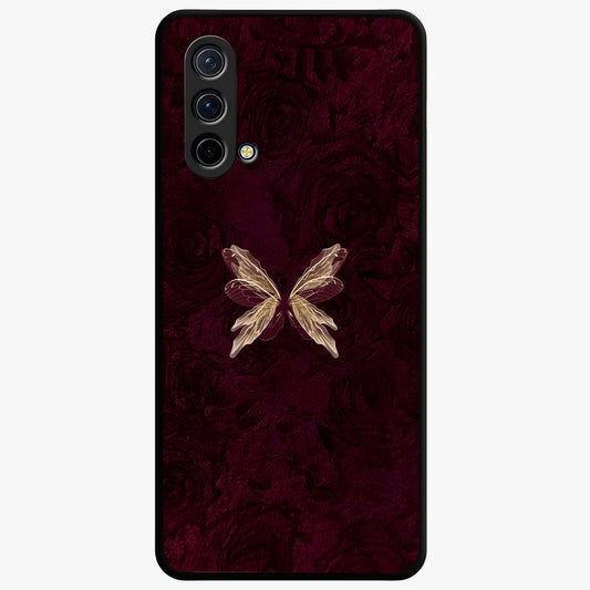 Crimson Fade Butterfly Glass Case showing flat back view with fading butterfly artwork and glossy glass finish.