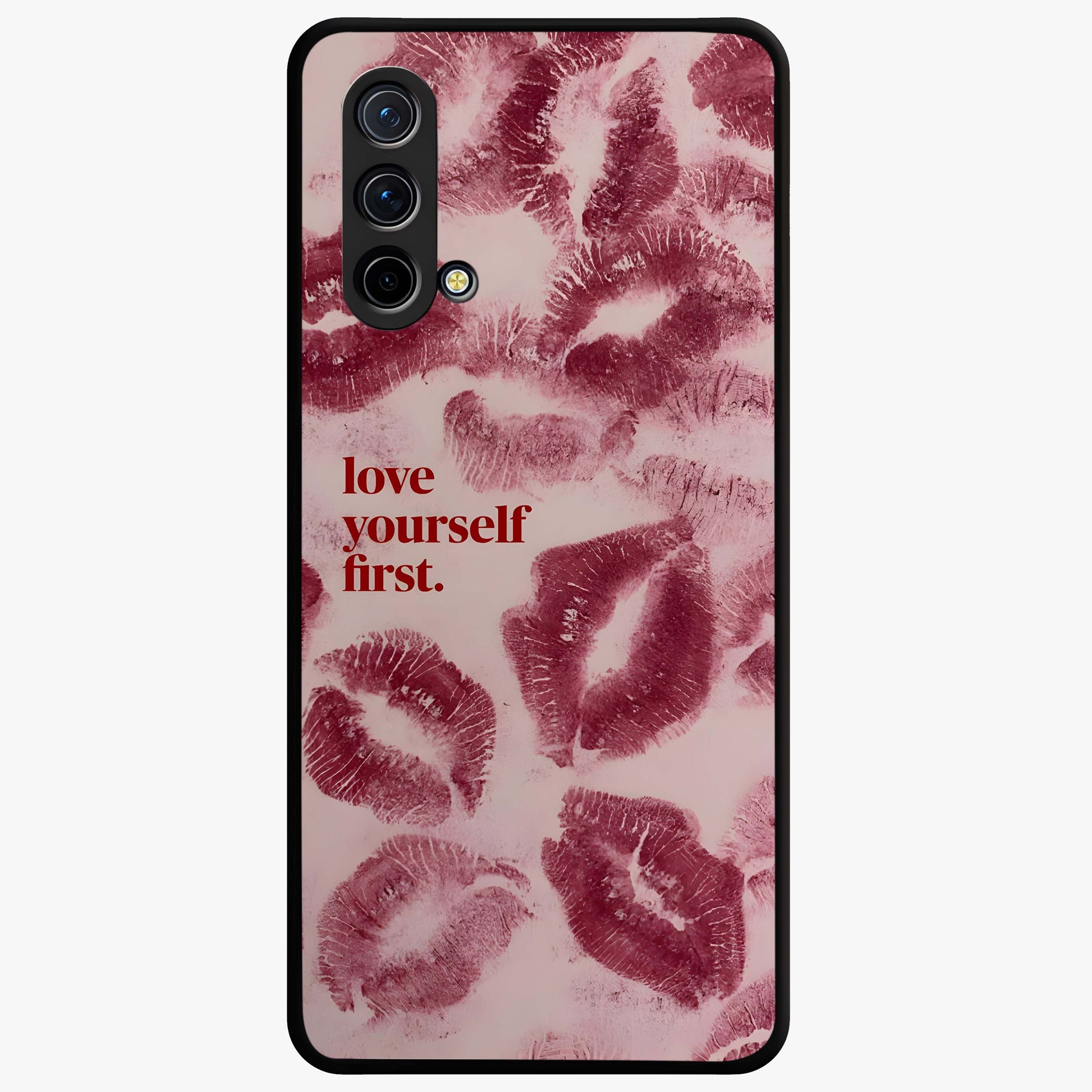 Crimson Kiss Love Glass Case showing flat back view with romantic crimson themed artwork and glossy glass finish.