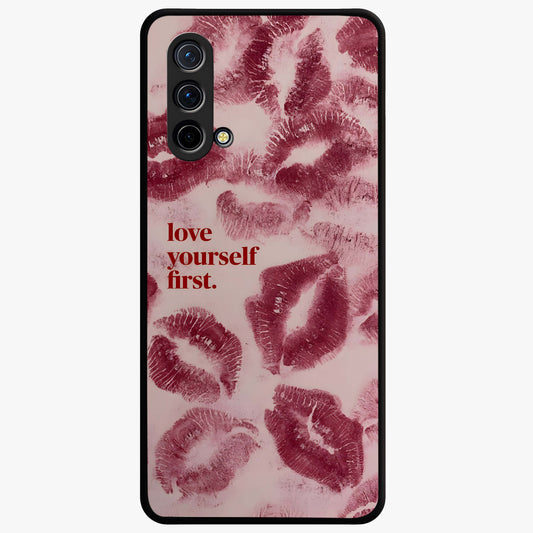 Crimson Kiss Love Glass Case showing flat back view with romantic crimson themed artwork and glossy glass finish.