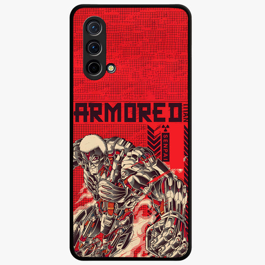 Crimson Mecha Titan Glass Case showing flat back view with powerful mech titan artwork and glossy glass finish.