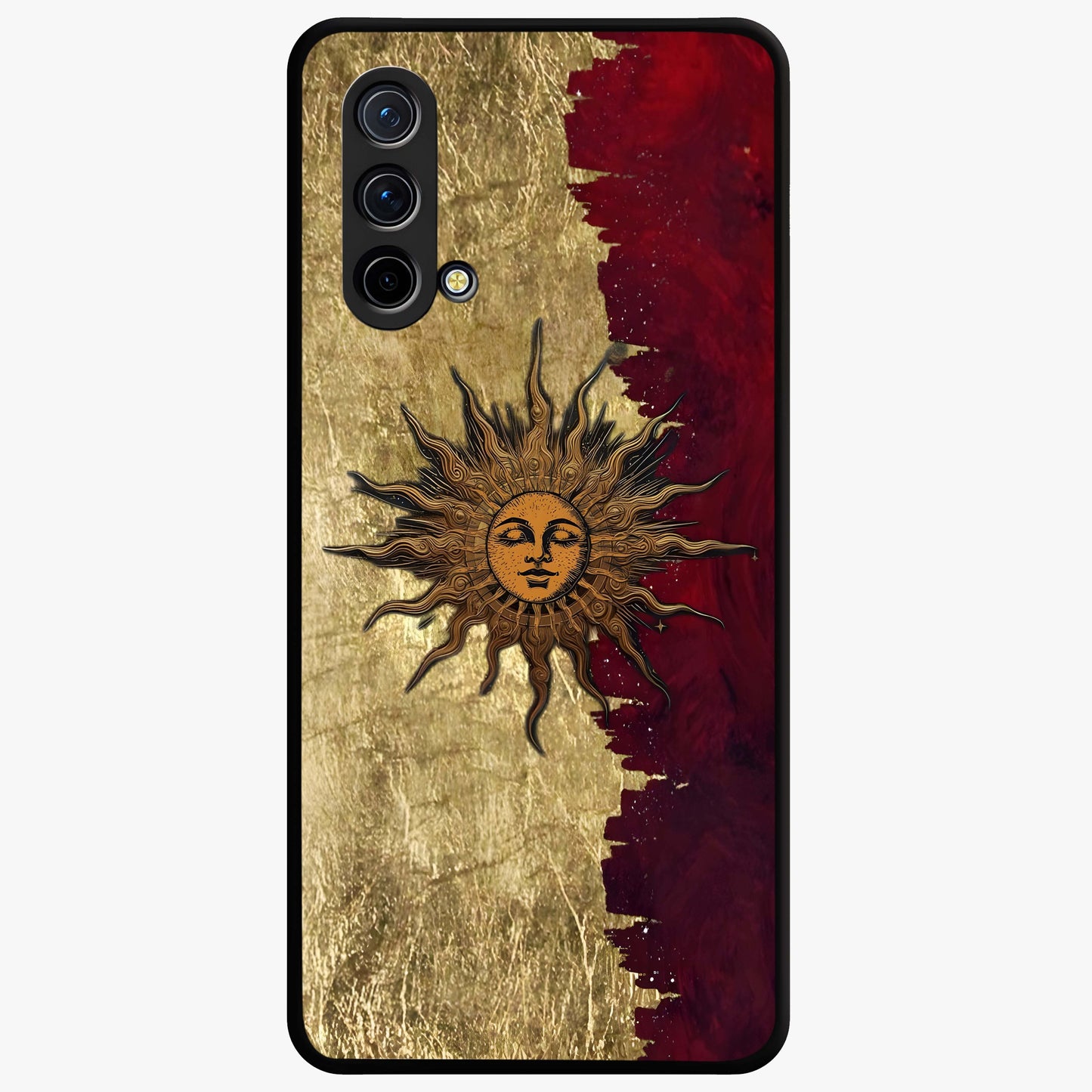 Crimson Sun Majesty Glass Case showing flat back view with radiant sun inspired artwork and glossy glass finish.