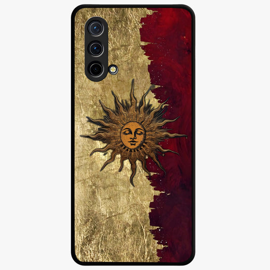 Crimson Sun Majesty Glass Case showing flat back view with radiant sun inspired artwork and glossy glass finish.