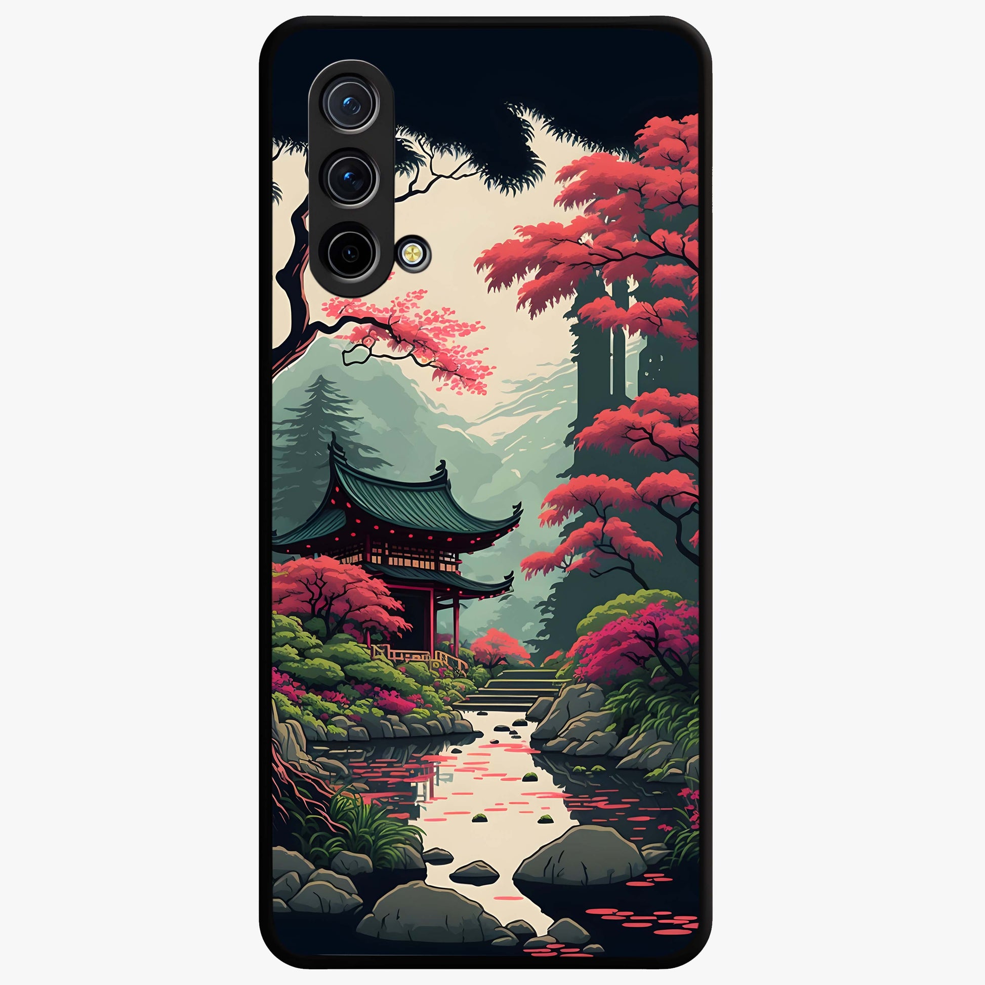 Crimson Temple View Glass Case showing flat back view with temple inspired artwork and glossy glass finish.