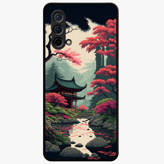 Crimson Temple View Glass Case showing flat back view with temple inspired artwork and glossy glass finish.