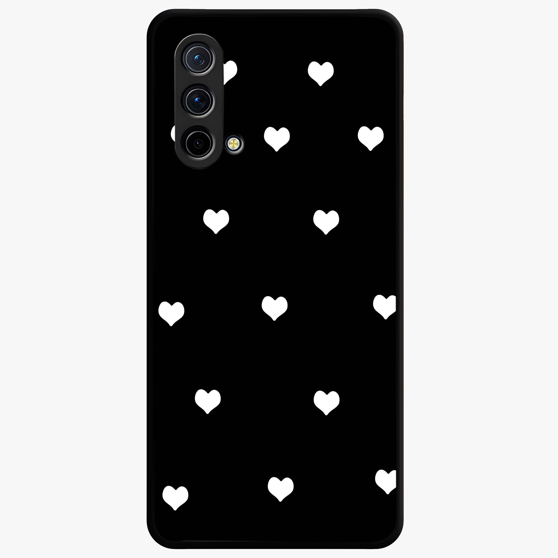 Cute And Simple White Hearts Glass Case showing flat back view with minimal white heart pattern and glossy glass finish.