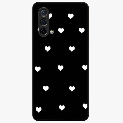 Cute And Simple White Hearts Glass Case showing flat back view with minimal white heart pattern and glossy glass finish.