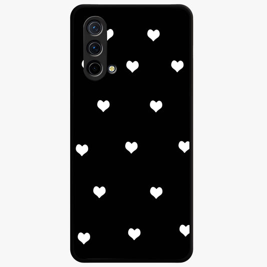 Cute And Simple White Hearts Glass Case showing flat back view with minimal white heart pattern and glossy glass finish.