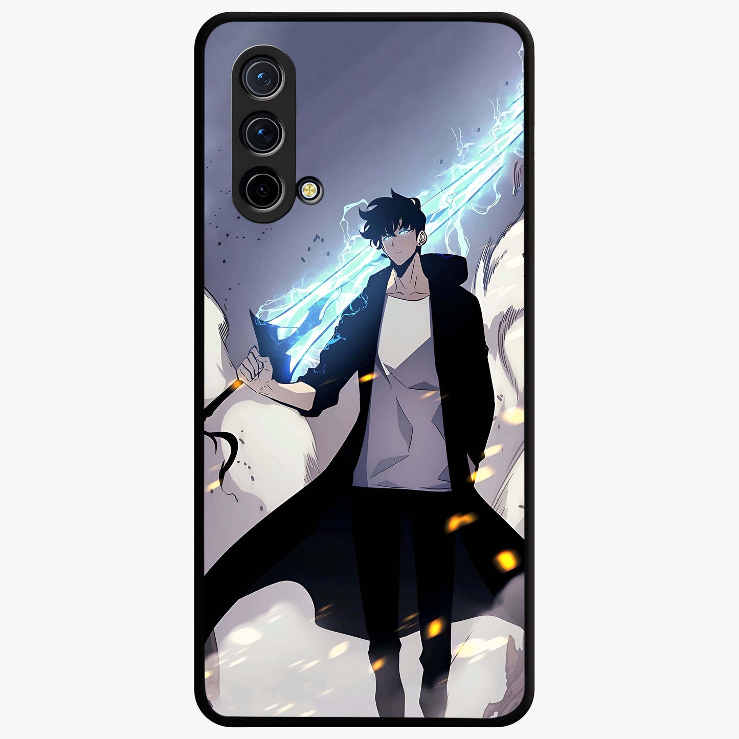 Dark Lightning Anime Warrior Glass Case showing flat back view with intense anime warrior artwork and glossy glass finish.