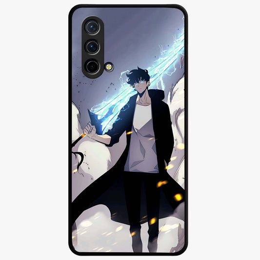 Dark Lightning Anime Warrior Glass Case showing flat back view with intense anime warrior artwork and glossy glass finish.