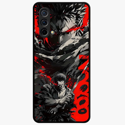 Demon Sword Resolve Glass Case showing flat back view with fierce sword warrior artwork and glossy glass finish.