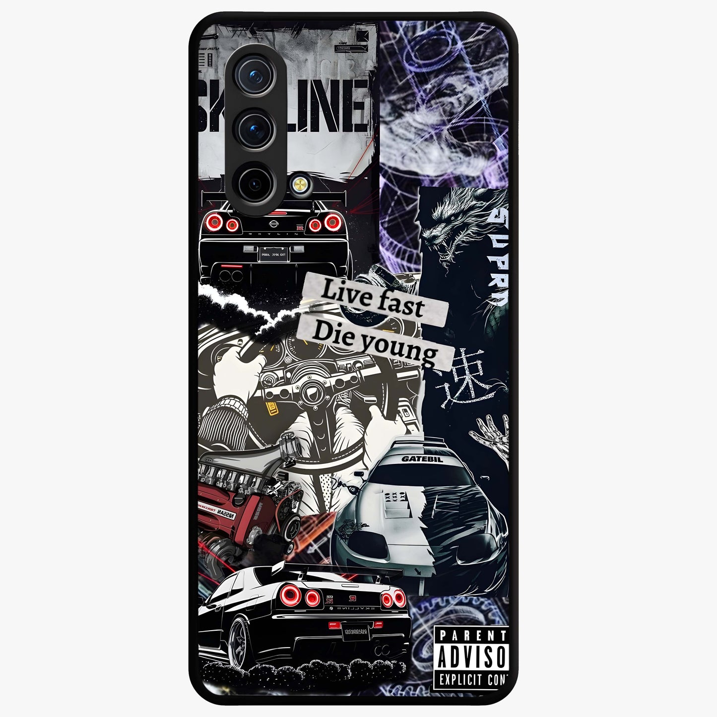 Die Young Glass Case showing flat back view with bold artistic typography design and glossy glass finish.