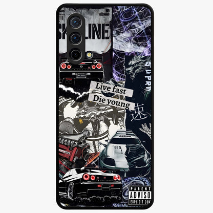 Die Young Glass Case showing flat back view with bold artistic typography design and glossy glass finish.