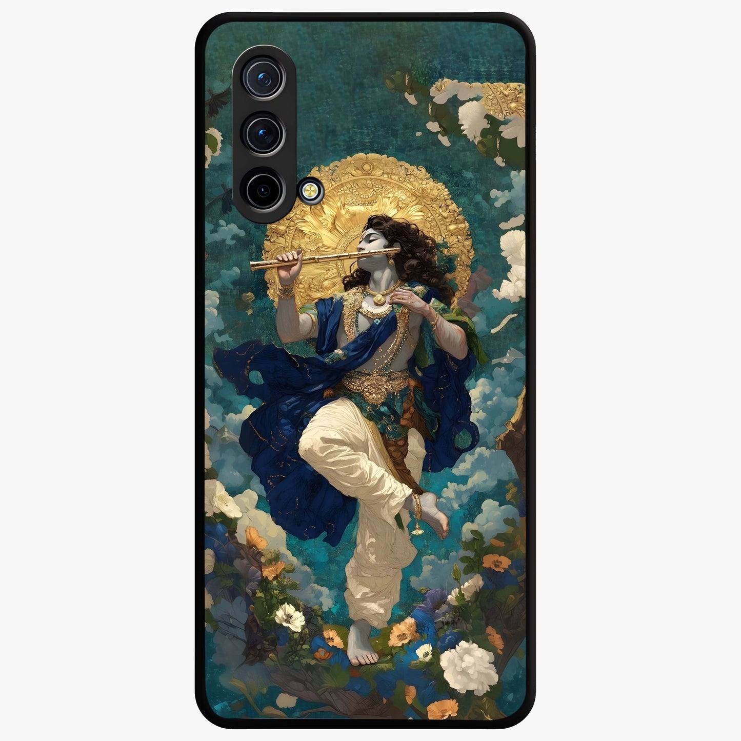 Divine Krishna Art Glass Case showing flat back view with Lord Krishna artwork and glossy glass finish.