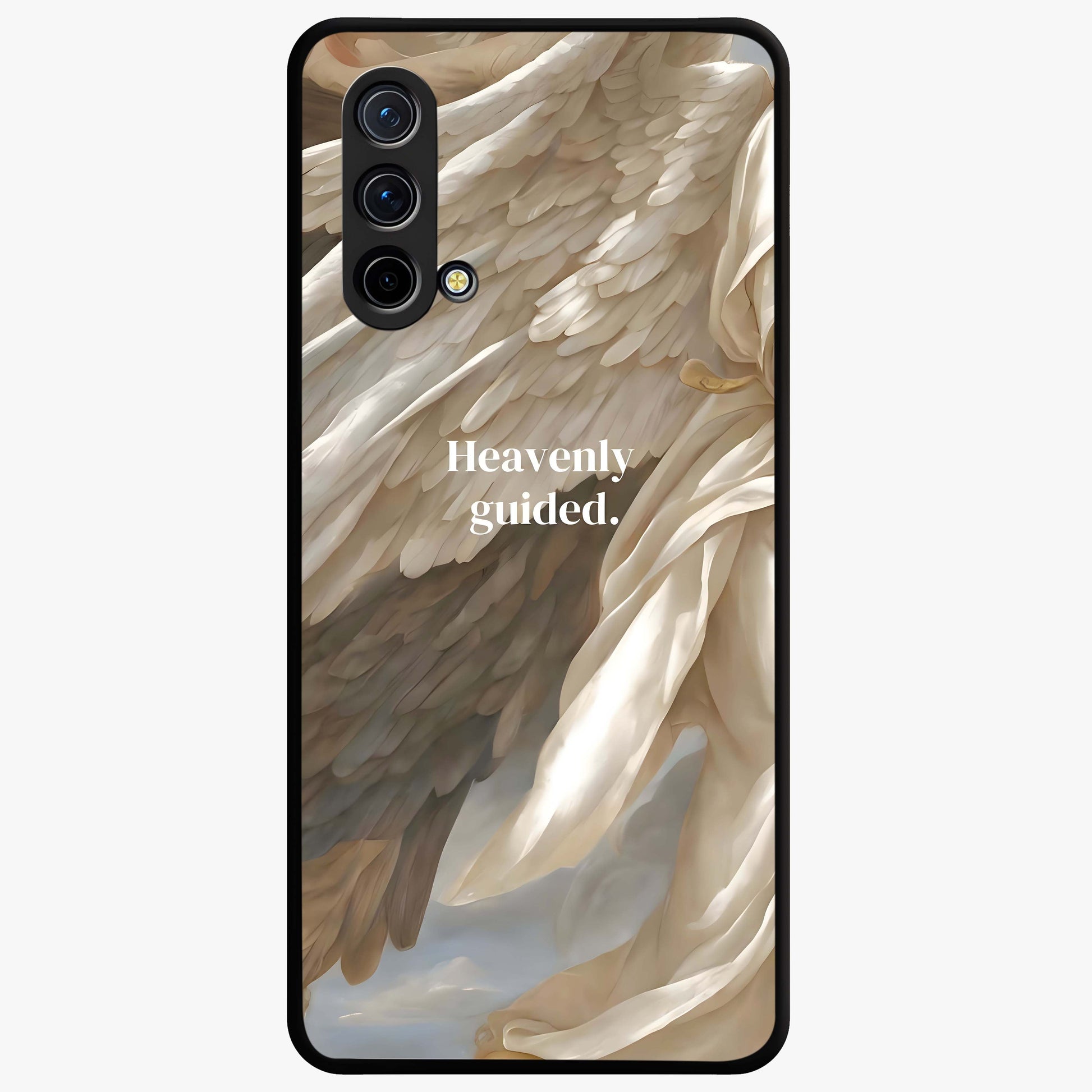 Divine Winged Grace Glass Case showing flat back view with elegant wing inspired artwork and glossy glass finish.