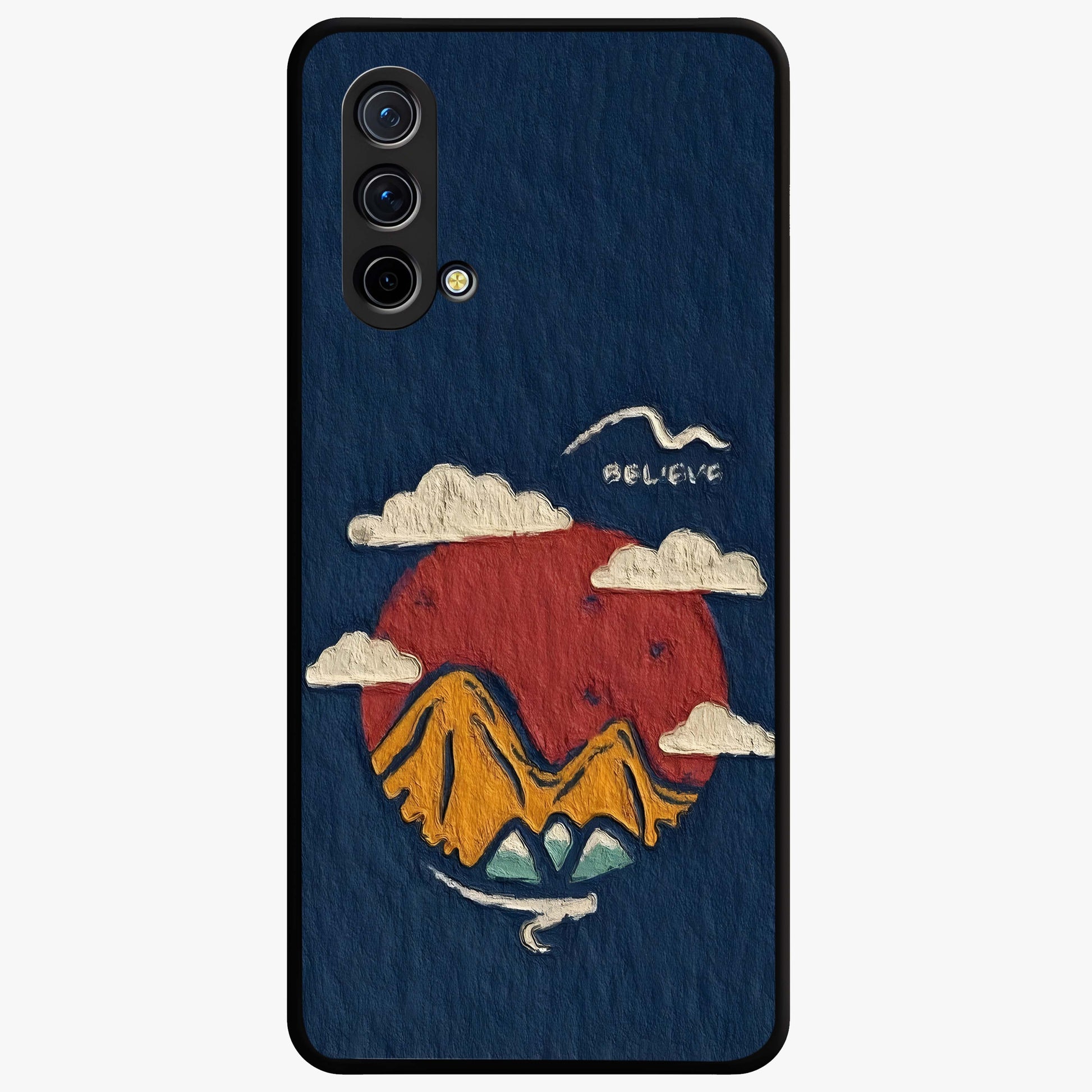 Dream Beyond Mountains Glass Case showing flat back view with scenic mountain landscape artwork and glossy glass finish.