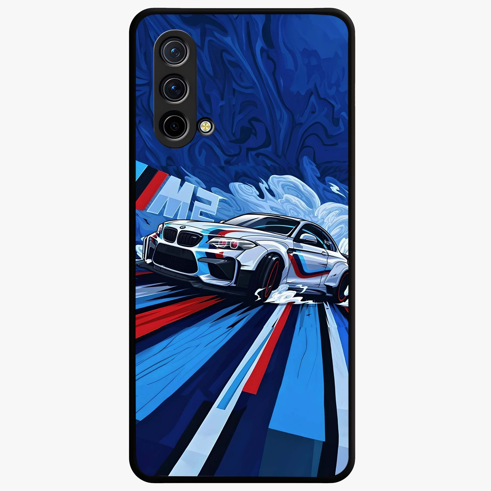 Drift Power Rush Glass Case showing flat back view with dynamic racing inspired artwork and glossy glass finish.