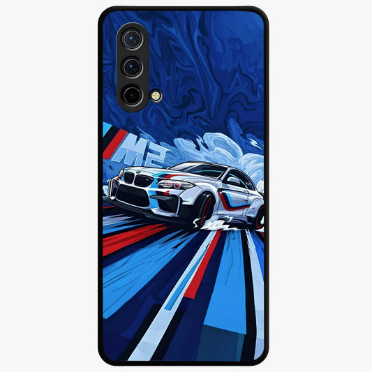 Drift Power Rush Glass Case showing flat back view with dynamic racing inspired artwork and glossy glass finish.