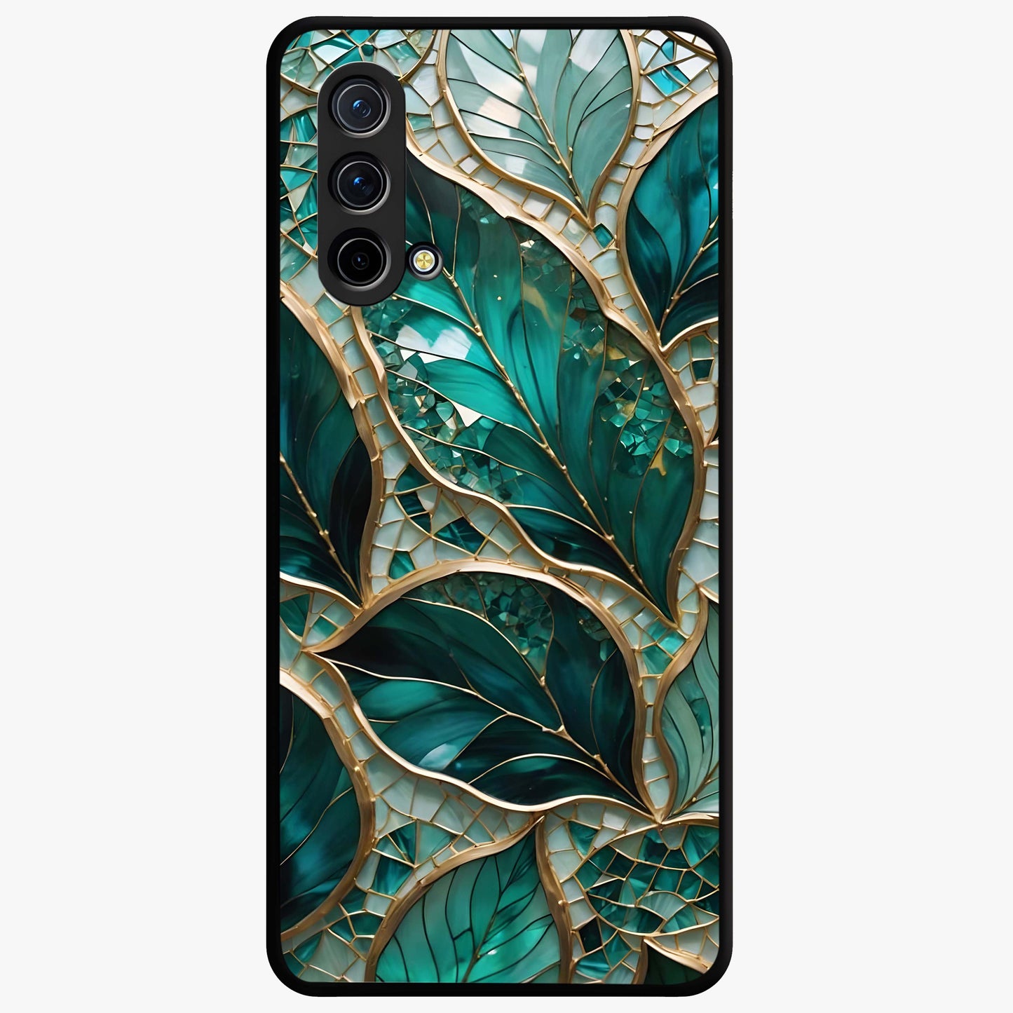 Emerald Leaf Glass Glass Case showing flat back view with emerald green leaf artwork and glossy glass finish.