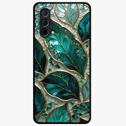 Emerald Leaf Glass Glass Case showing flat back view with emerald green leaf artwork and glossy glass finish.