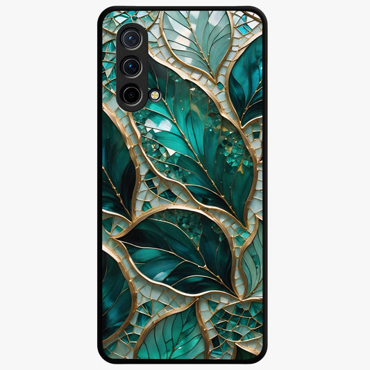 Emerald Leaf Glass Glass Case showing flat back view with emerald green leaf artwork and glossy glass finish.