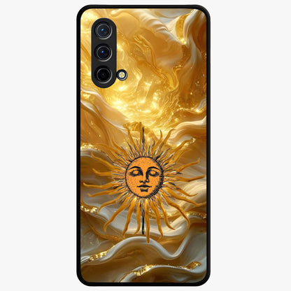 Eternal Golden Glow Glass Case showing flat back view with radiant golden themed artwork and glossy glass finish.