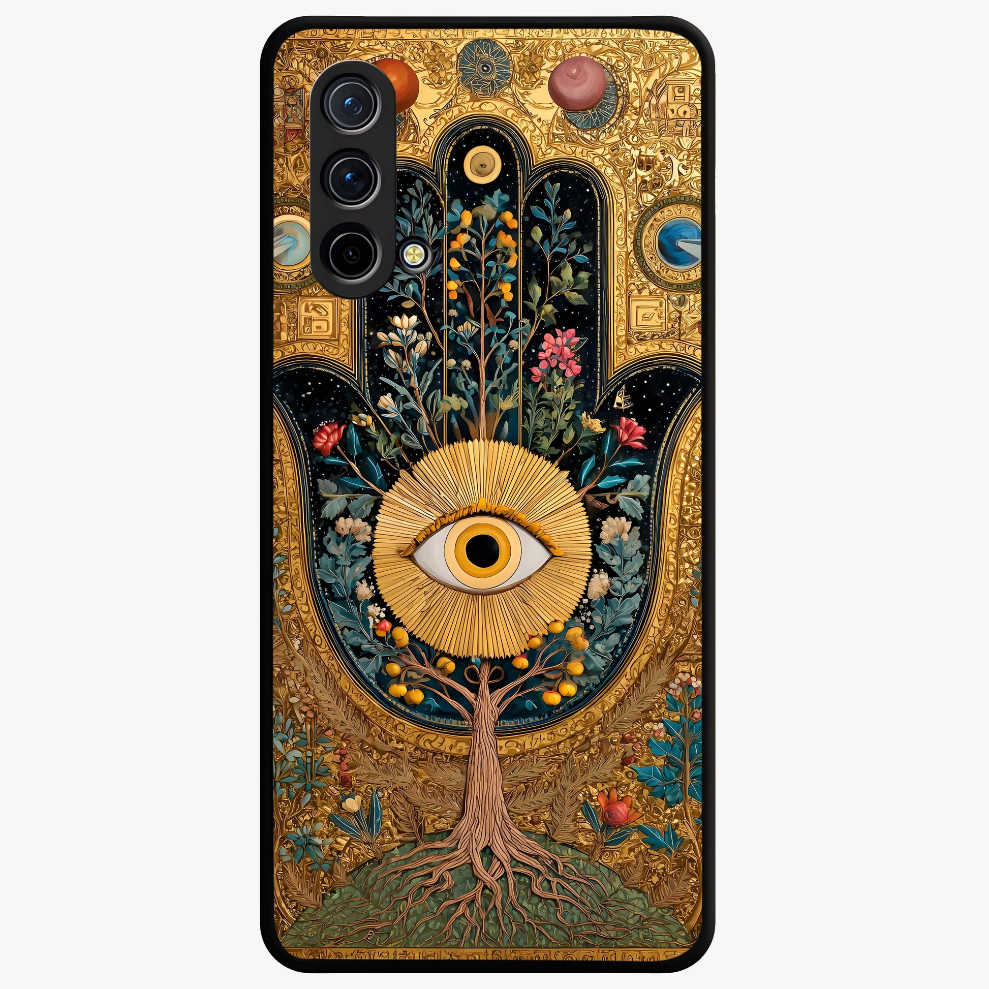 Ethereal Evil Eye Glass Case showing flat back view with mystical evil eye artwork and glossy glass finish.