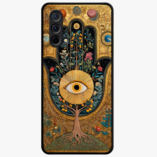 Ethereal Evil Eye Glass Case showing flat back view with mystical evil eye artwork and glossy glass finish.
