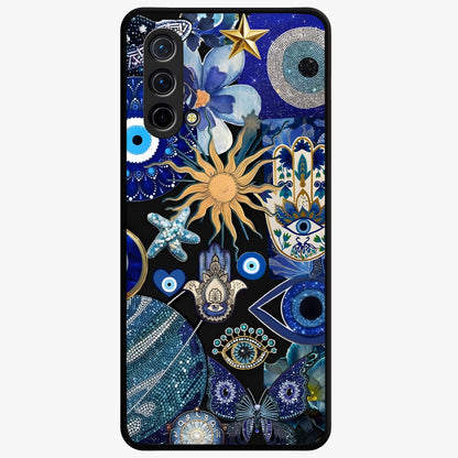 Evil Eye Charm Mix Glass Case showing flat back view with multiple evil eye charms artwork and glossy glass finish.