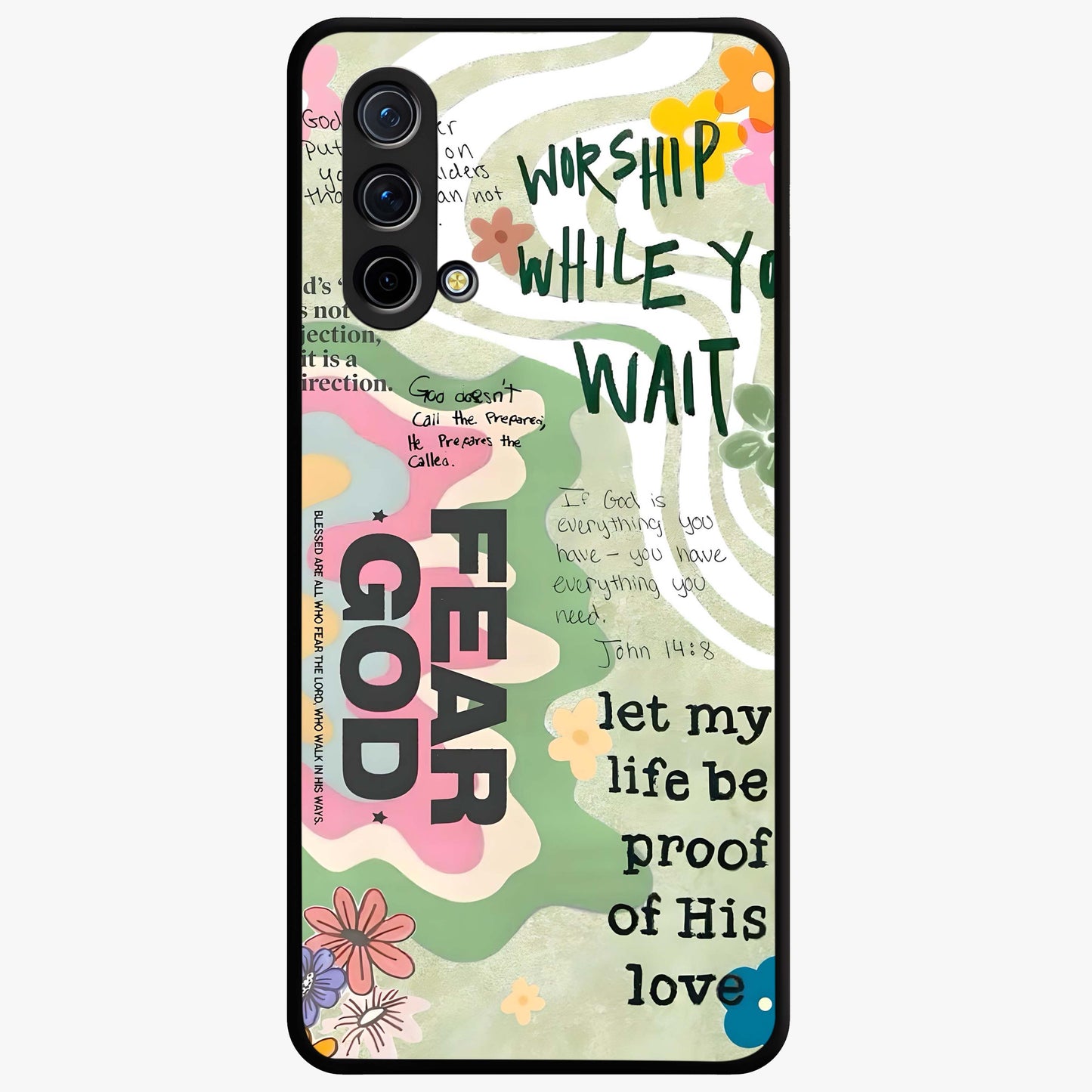 Faith Over Fear Glass Case showing flat back view with motivational typography artwork and glossy glass finish.