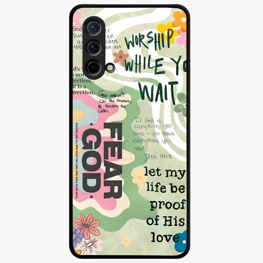 Faith Over Fear Glass Case showing flat back view with motivational typography artwork and glossy glass finish.