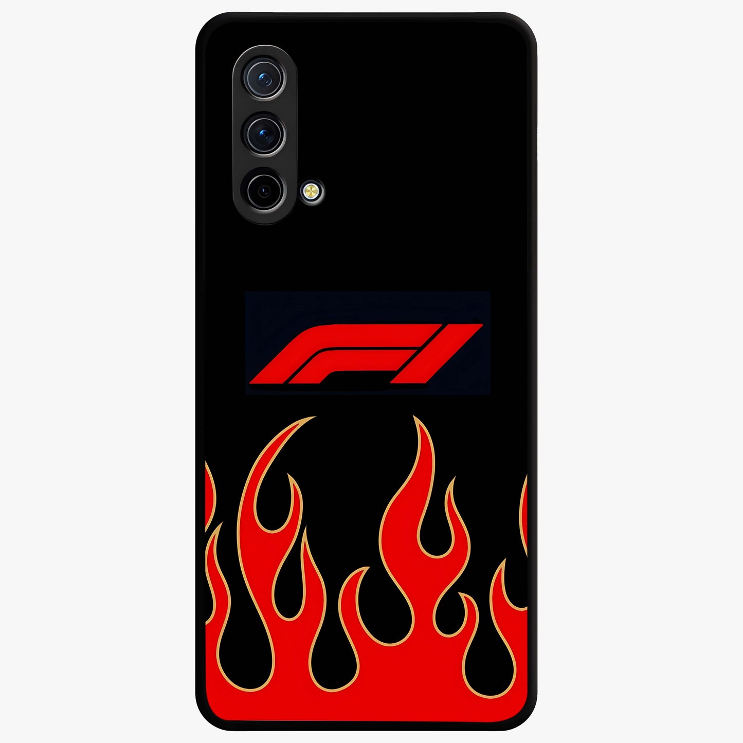 Fire F11 Glass Case showing flat back view with fiery themed artwork and glossy glass finish.