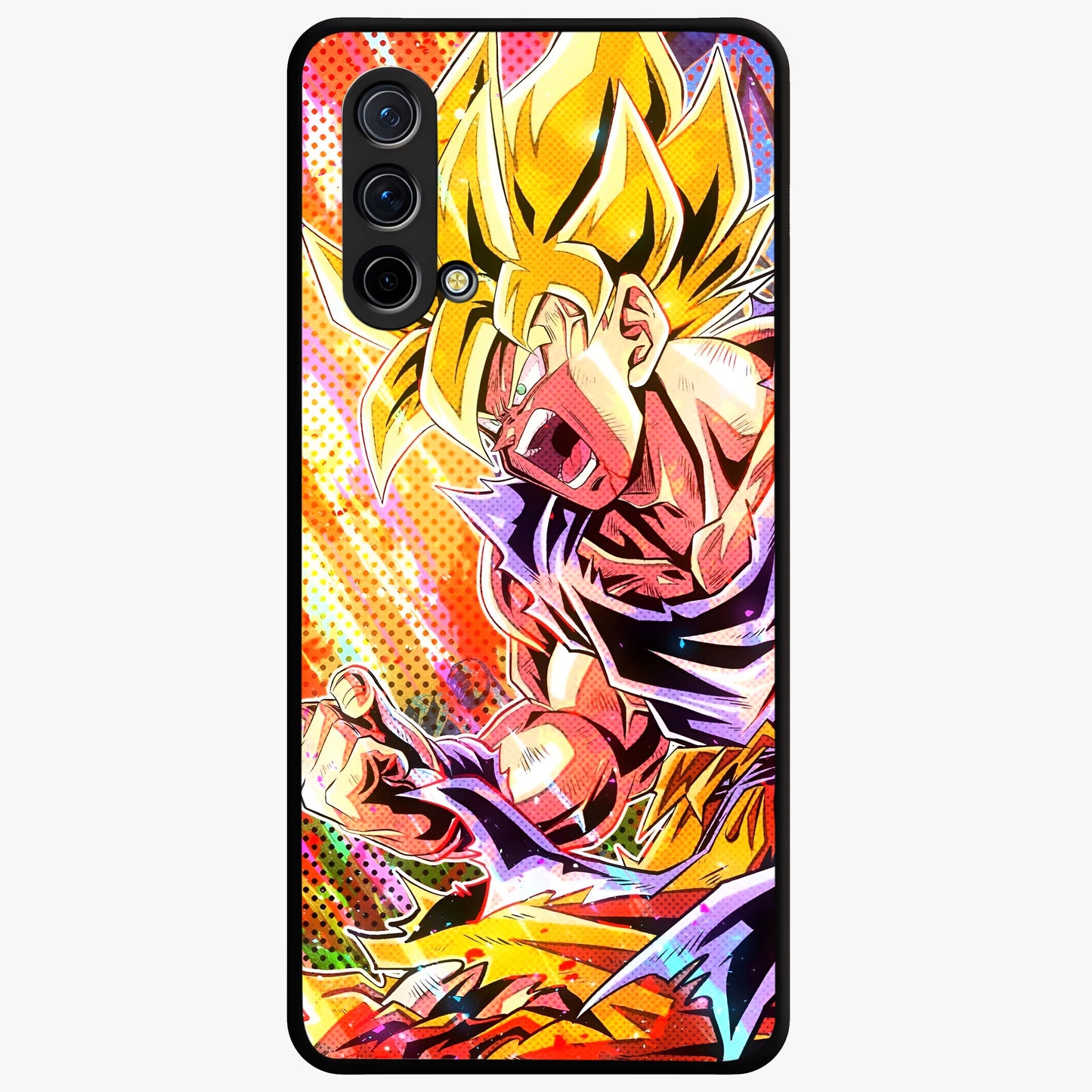 Firing Goku Glass Case showing flat back view with powerful anime inspired artwork and glossy glass finish.