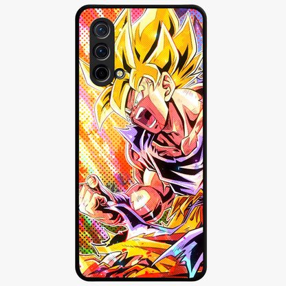 Firing Goku Glass Case showing flat back view with powerful anime inspired artwork and glossy glass finish.