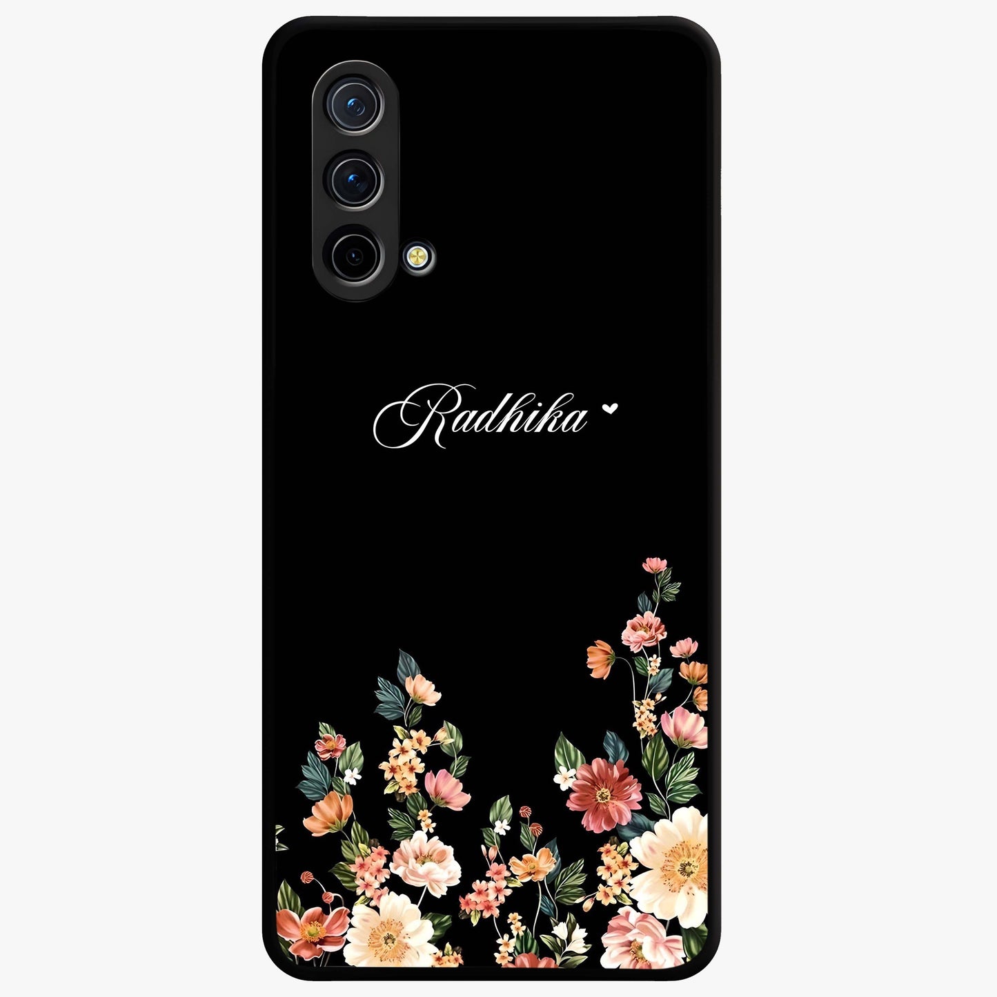 Floral Design With a Custom Personalized Name Glass Case showing flat back view with floral artwork and personalized name design.
