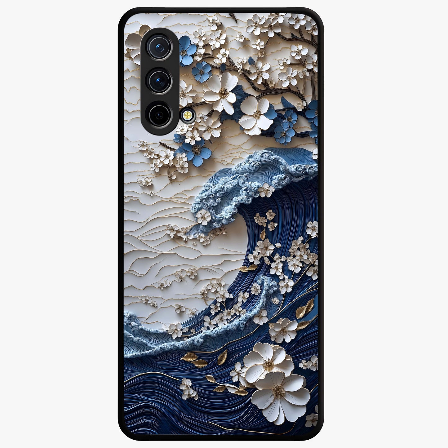 Floral Wave Origami Glass Case showing flat back view with origami inspired floral wave artwork and glossy glass finish.