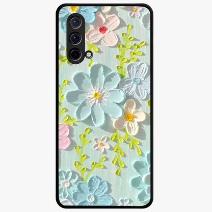 Frosted Petal Garden Glass Case showing flat back view with soft frosted floral artwork and glossy glass finish.