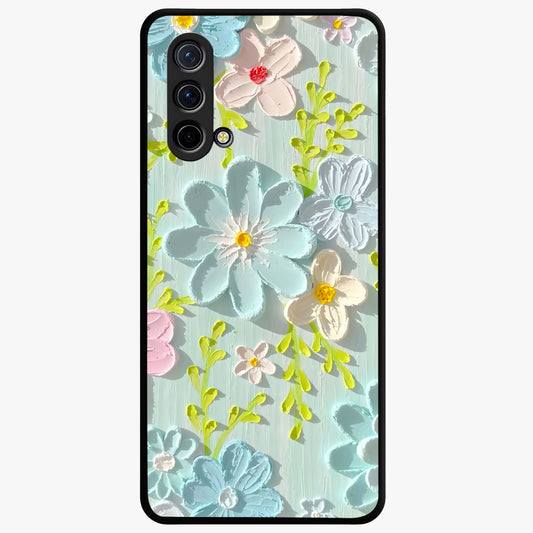 Frosted Petal Garden Glass Case showing flat back view with soft frosted floral artwork and glossy glass finish.