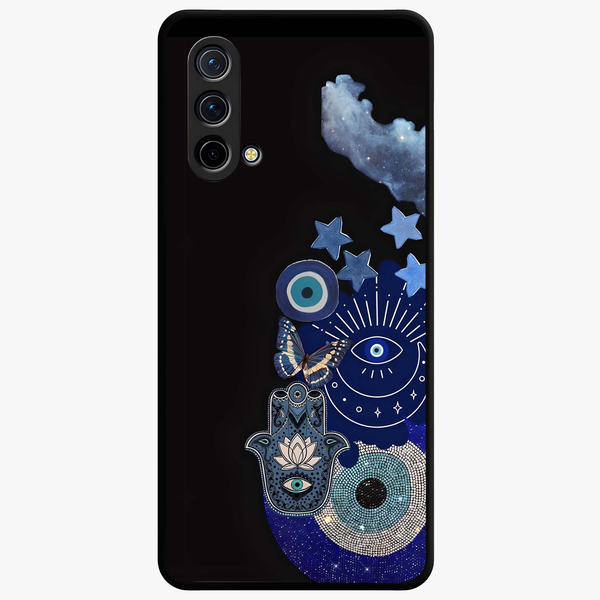 Galactic Charm Cluster Glass Case showing flat back view with glowing celestial charm artwork and glossy glass finish.
