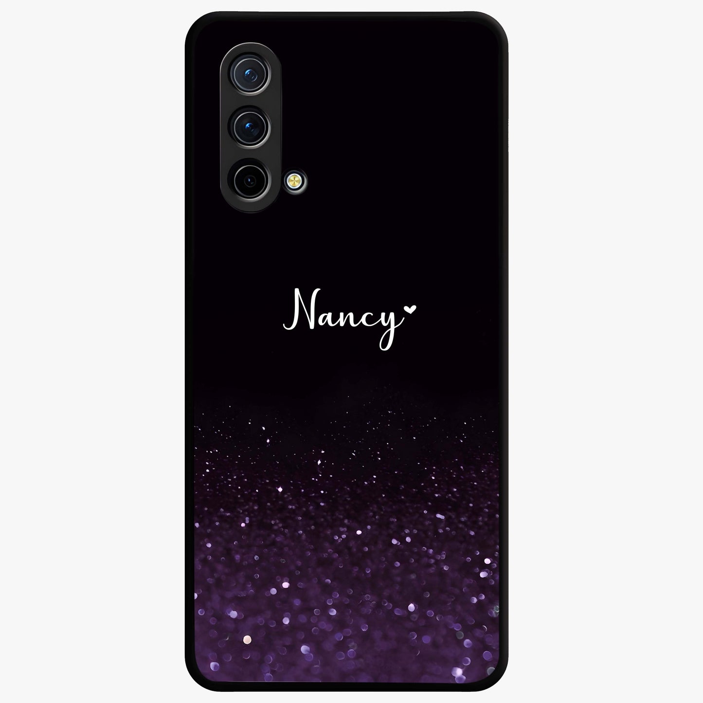 Glittery Purple Bokeh Custom Name Glass Case showing flat back view with purple bokeh sparkle artwork and personalized name design.
