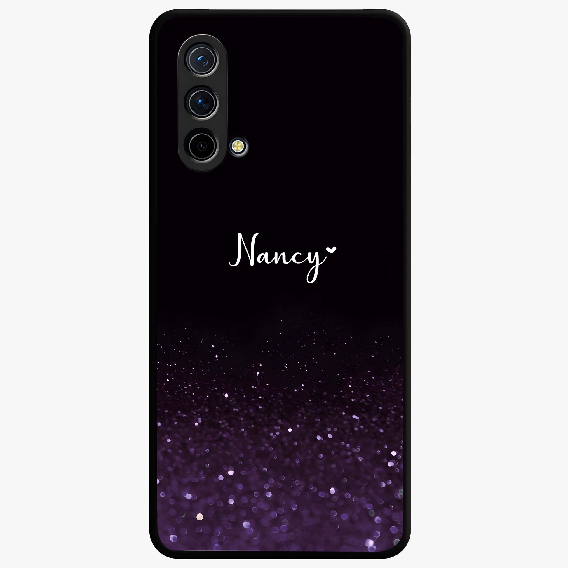 Glittery Purple Bokeh Custom Name Glass Case showing flat back view with purple bokeh sparkle artwork and personalized name design.